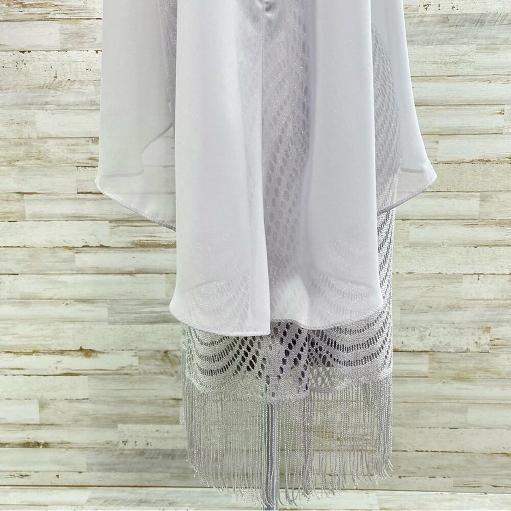 R&M Richards Crochet Metallic Chiffon Cape Overlay Dress Womens Size 6 Gray - Picture 10 of 15